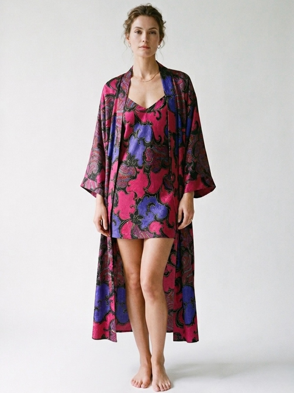 Vintage 80s Lingerie Robe Nightgown Slip Two Piece Set Size Medium Large